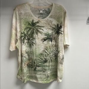 CJ Banks Tropical Palm Blouse - Green and Cream